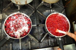Raspberry jam cooking.